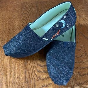 Toms Alpargatas Women's Size 8.5 Midnight Blue Glitter Fox-and-Moon Flats Shoes